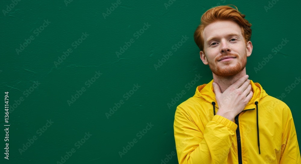 Portrait of a confident red-haired man in yellow jacket against a green background