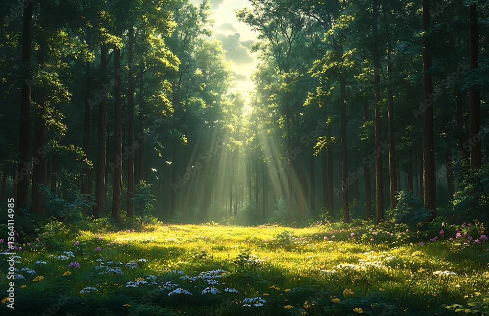 Fototapeta premium Sunlit Forest with Vibrant Greenery and Blooming Meadow