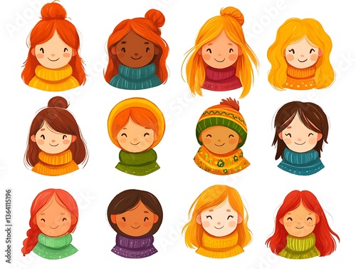 Kids Faces with Warm Clothes, and Diverse.