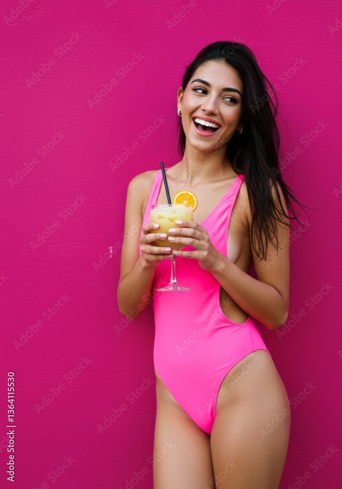 Woman in pink swimsuit enjoying tropical drink against vibrant wall background for summer vibes Woman in pink swimsuit enjoying tropical drink against vibrant wall background for summer vibes