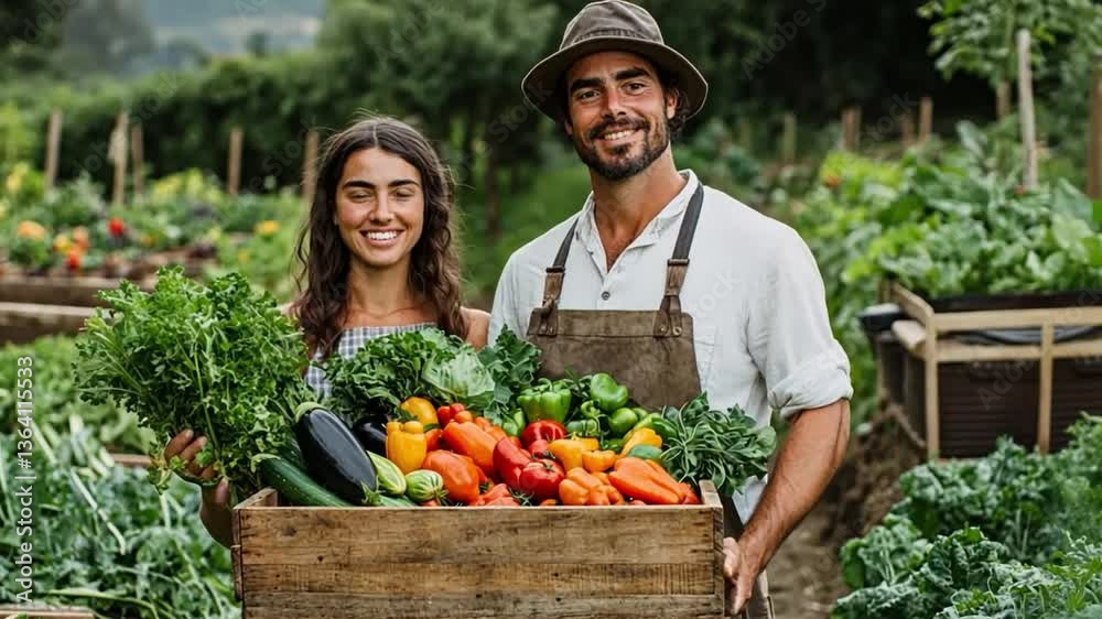 custom made wallpaper toronto digitalHarvest of Happiness: A smiling couple proudly presents a wooden crate overflowing with freshly harvested, vibrant vegetables, set against the backdrop of a thriving garden.