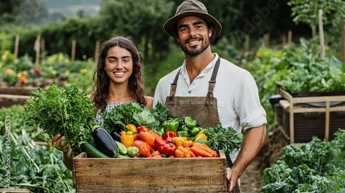 Wallpaper Mural Harvest of Happiness: A smiling couple proudly presents a wooden crate overflowing with freshly harvested, vibrant vegetables, set against the backdrop of a thriving garden. Torontodigital.ca
