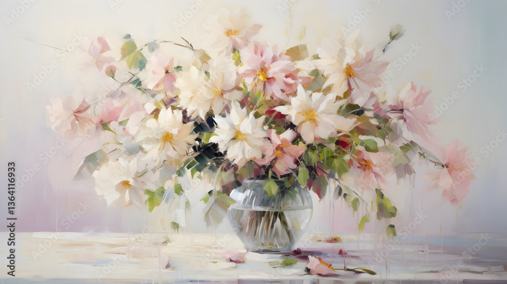 a pink flower arrangement on top of a white table