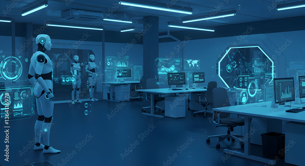 Futuristic Robot Office Interior Design With Blue Light Futuristic Robot Office Interior Design With Blue Light