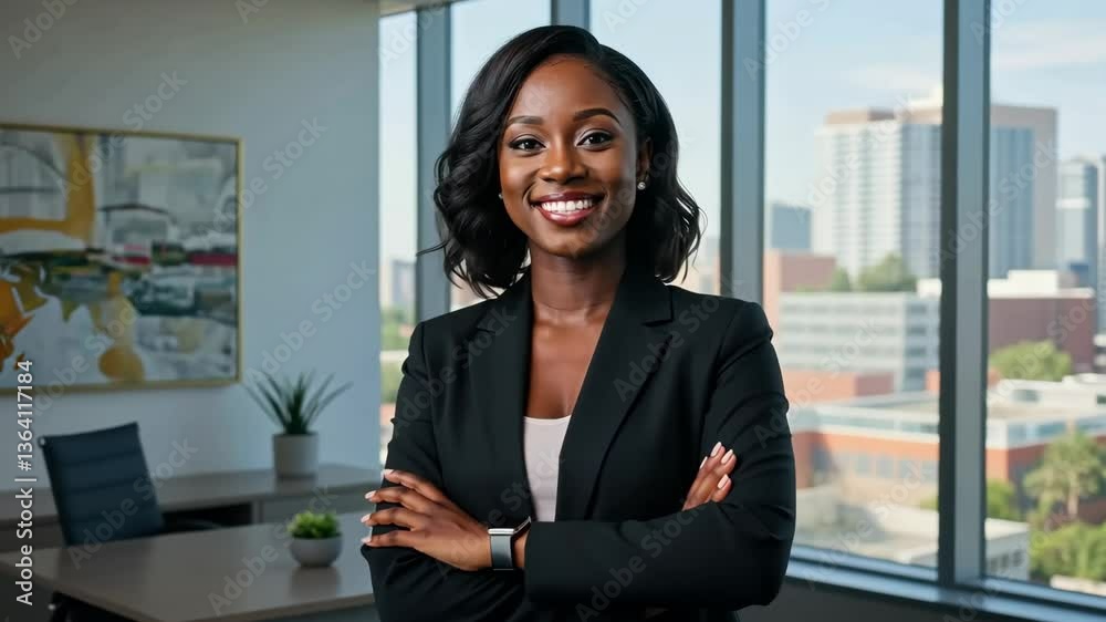 Confident Businesswoman Smiling with Arms Crossed in Modern Office with City View and Bright Natural Light Confident Businesswoman Smiling with Arms Crossed in Modern Office with City View and Bright Natural Light