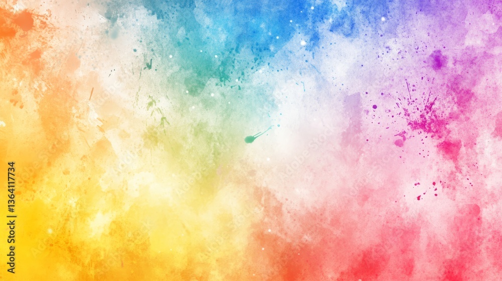 Vibrant rainbow watercolor splashes with soft textures, embodying fluid creativity and artistic expression.
