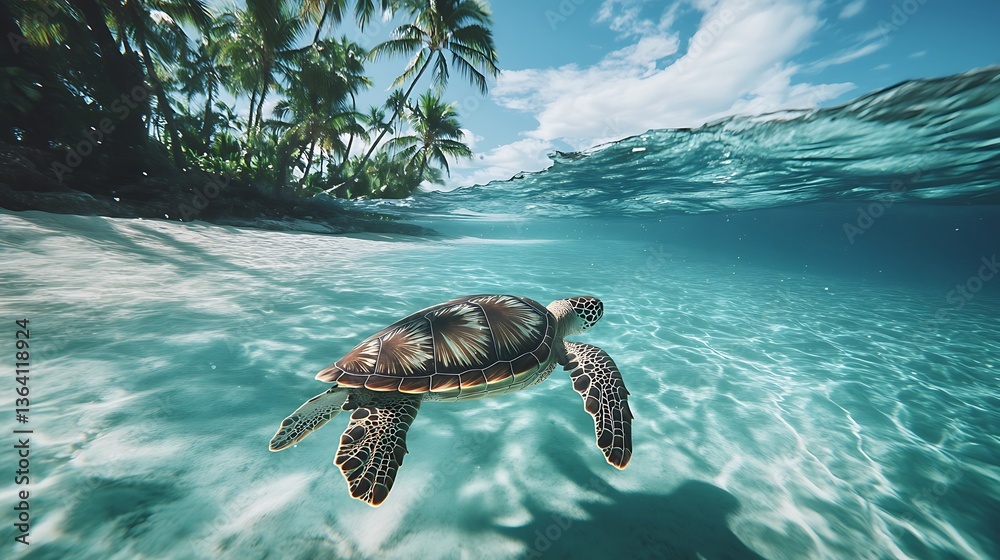 Obraz premium Sea Turtle Swimming Near Tropical Beach, A sea turtle swimming in clear turquoise water near a tropical beach with palm trees under a bright blue sky
