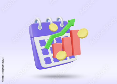 3D illustration vector render of calendar icon, up arrow graph, and coin. Financial planning concept and income growth over time, profit, return, investment, economy, long term.