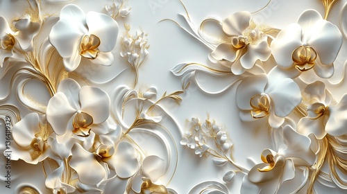 Stunning 3D Floral Background with Orchids, Golden Stems and Intricate Stucco Work