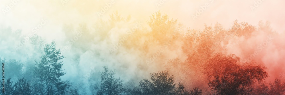 Obraz premium Mystical Forest Landscape with Fog and Trees in Colorful Hues
