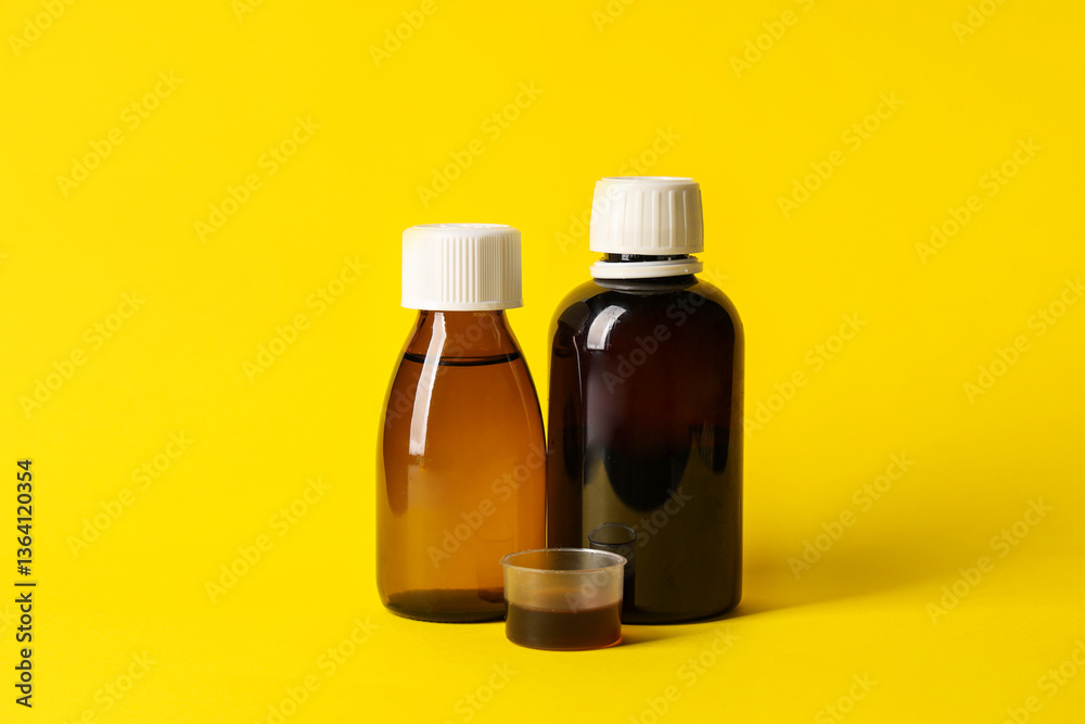 Bottles and measuring cup of cough syrup on yellow background Bottles and measuring cup of cough syrup on yellow background