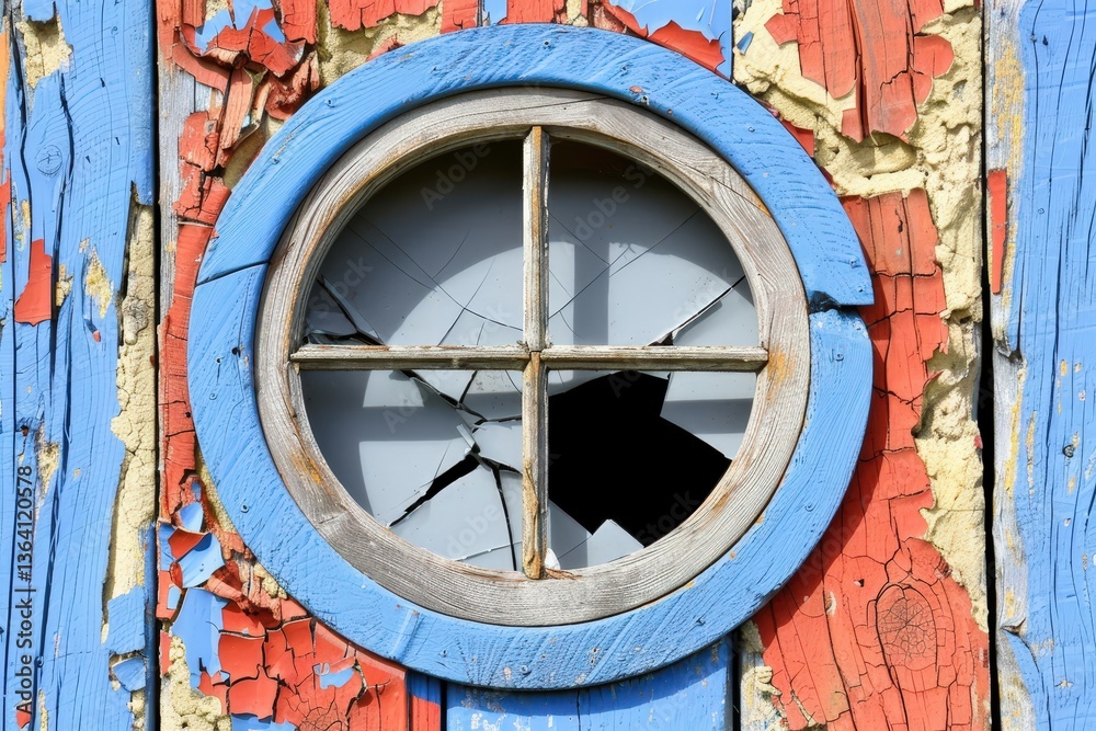 Obraz premium A colorful, weathered wooden wall features a circular window with a cracked pane, showcasing peeling paint and rustic charm.