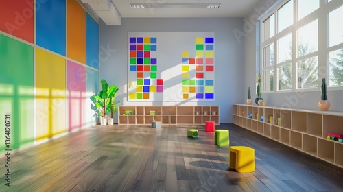 Preschool classroom with alphabet and number charts on walls. bright, minimalist.
