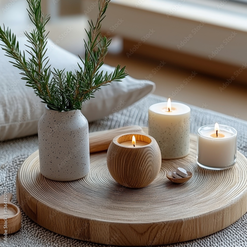 Beautifully arranged candle on a wooden tray creating a warm and inviting atmosphere in a room Beautifully arranged candle on a wooden tray creating a warm and inviting atmosphere in a room