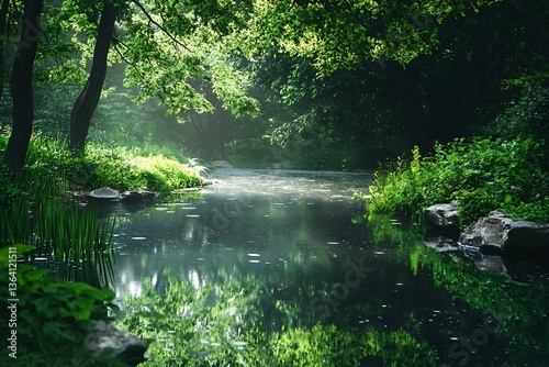Beautiful summer landscape with pond and green leaves in the forest.