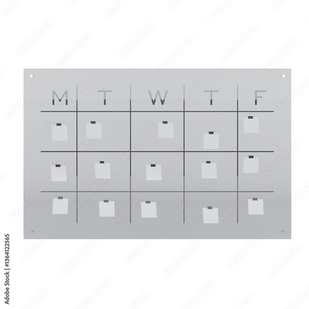 Modern Silver Weekly Calendar Board with Note Stickers on a white background Modern Silver Weekly Calendar Board with Note Stickers on a white background