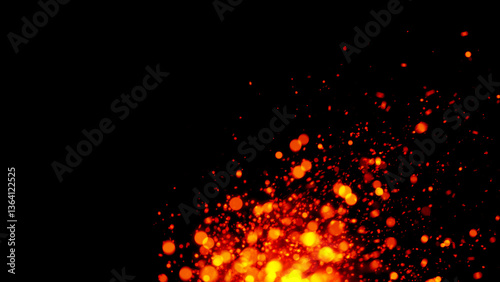 Glowing ember particles drift and flicker against a dark background, creating warm, intense energy with vivid fire sparks and abstract glitter in motion blur.