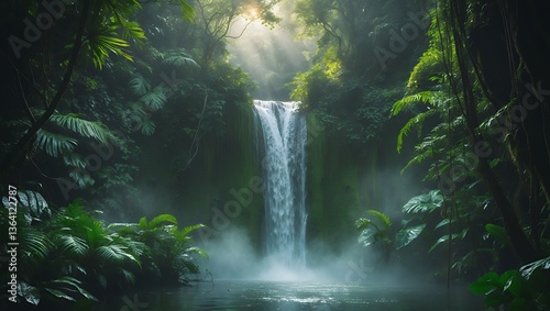 Wallpaper Mural Waterfall cascading into a tranquil pool amidst lush, vibrant rainforest scenery Torontodigital.ca