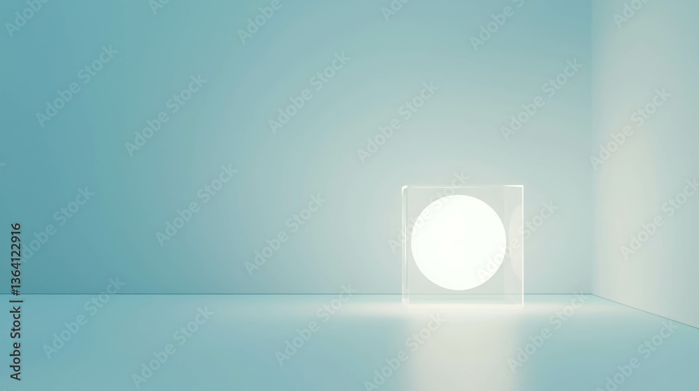 Minimalist composition with glowing cube and soft light on pastel blue wall and floor Minimalist composition with glowing cube and soft light on pastel blue wall and floor