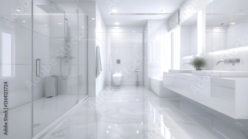 Contemporary white bathroom with glass shower and chrome fixtures. minimalist,