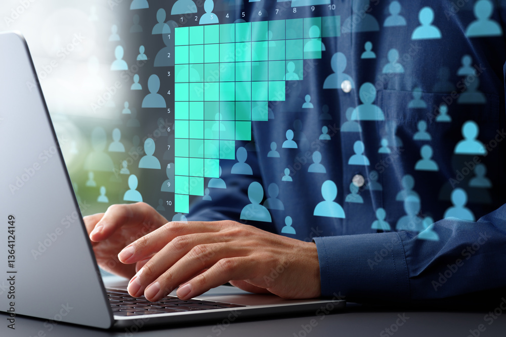 Cohort retention analysis of customer behavior data. Marketing analytics of customer lifetime value. Marketer analyzing data with using laptop computer at desk in office.