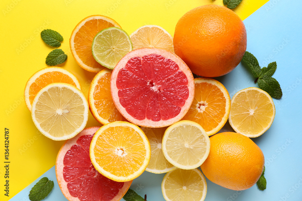 Fototapeta premium Different cut citrus fruits with mint leaves on color background