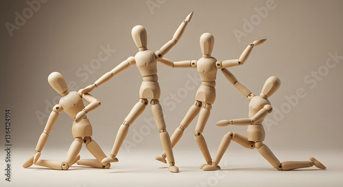  series of four wooden artist mannequins arranged dynamically against a soft, neutral backdrop
