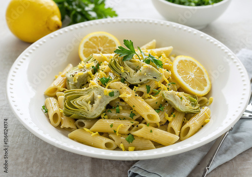 Fresh Citrus Penne Pasta with Artichokes in Bright Kitchen Setting