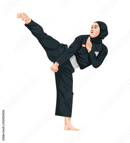 Female Pencak Silat athlete doing an upper kick