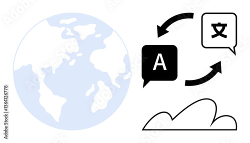 Earth globe connected to speech bubbles with multilingual symbols and directional arrows above a cloud. Ideal for global communication, translation, technology, connectivity, localization