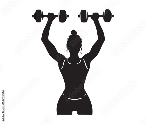 Silhouette of a woman lifting weights. Female fitness and bodybuilding clipart. Strong woman weightlifting silhouette vector