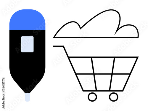 Shopping cart linked with cloud icon and pen drive, symbolizing cloud storage, online shopping, data management. Ideal for e-commerce, technology, cloud storage, data, digital marketing IT