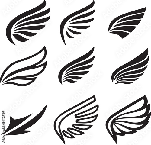 Set of Stylized Wing Logo Designs – Black Silhouette Feather Icons for Branding, Tattoos, and Graphic Design