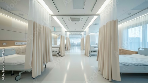 Bright hospital ward with curtains for privacy around beds. minimalist,