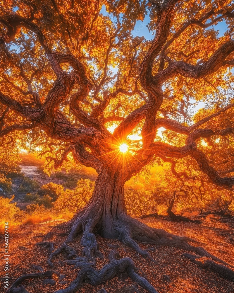 Naklejka premium A majestic tree stands tall, its lush green leaves filtering golden sunlight that cascades through the branches, creating a warm, dappled glow on the forest floor below.