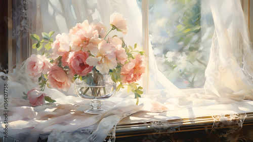 Watercolor pastel window sill and flower arrangement background poster decoration painting