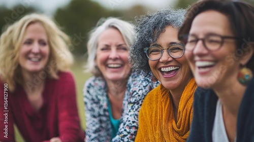 Happy women laughing outdoors, park background, friendship