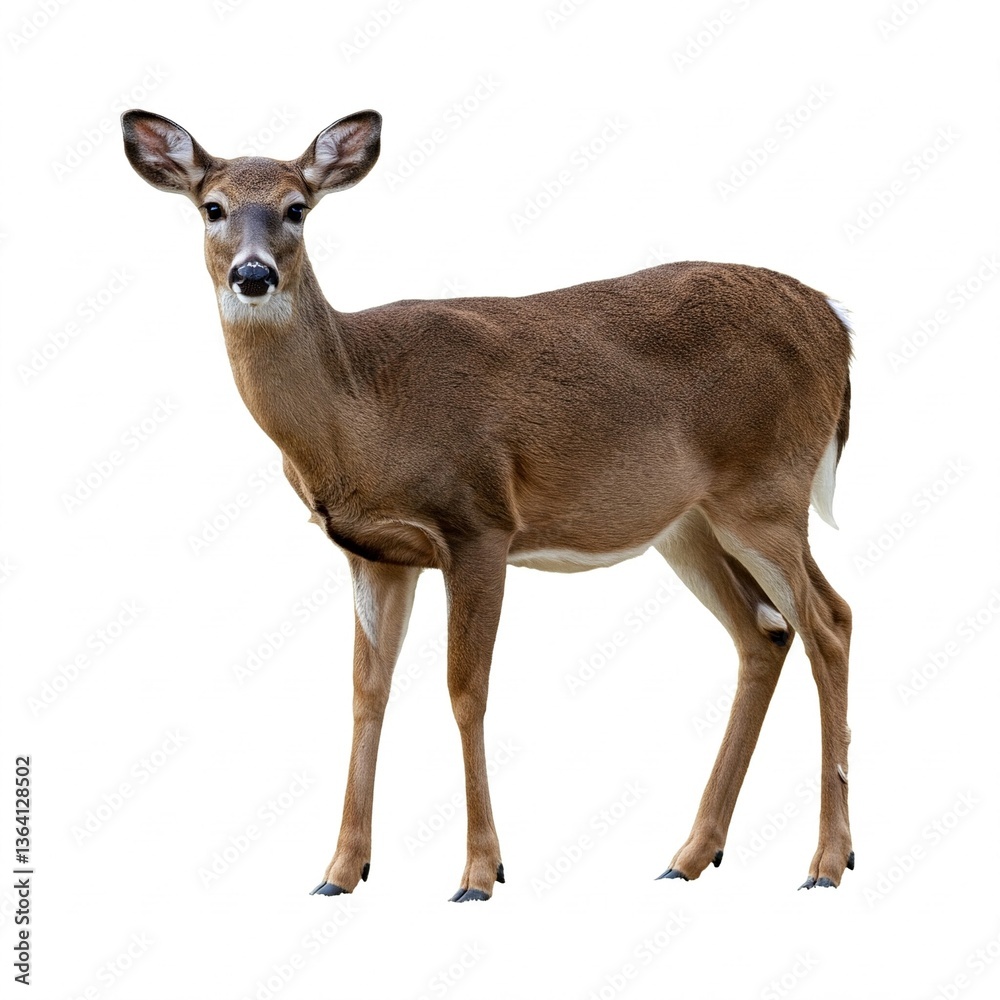Fototapeta premium Graceful white-tailed deer standing isolated on white background, ideal for wildlife documentaries, nature conservation awareness, and digital art