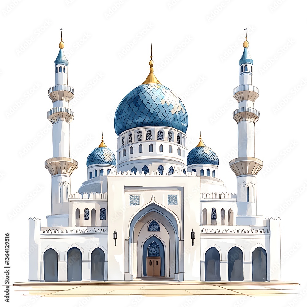 Obraz premium Majestic Mosque Illustration Architectural Detail of a Grand Islamic House of Worship.