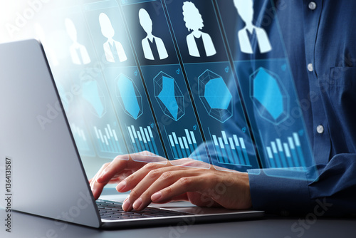 Human resource evaluation and performance appraisal. Employee talent assessment and competency assessment. Manager using a laptop computer to review skills.