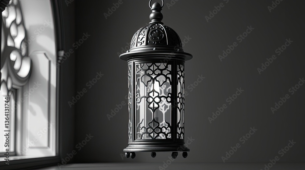 Obraz premium Ornate black lantern hangs against a gray wall with window