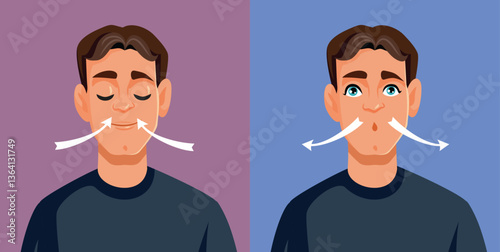 Healthy Man Inhales and Exhales Vector Cartoon Illustration. Person taking deep breaths oxygenating and feeling good 
