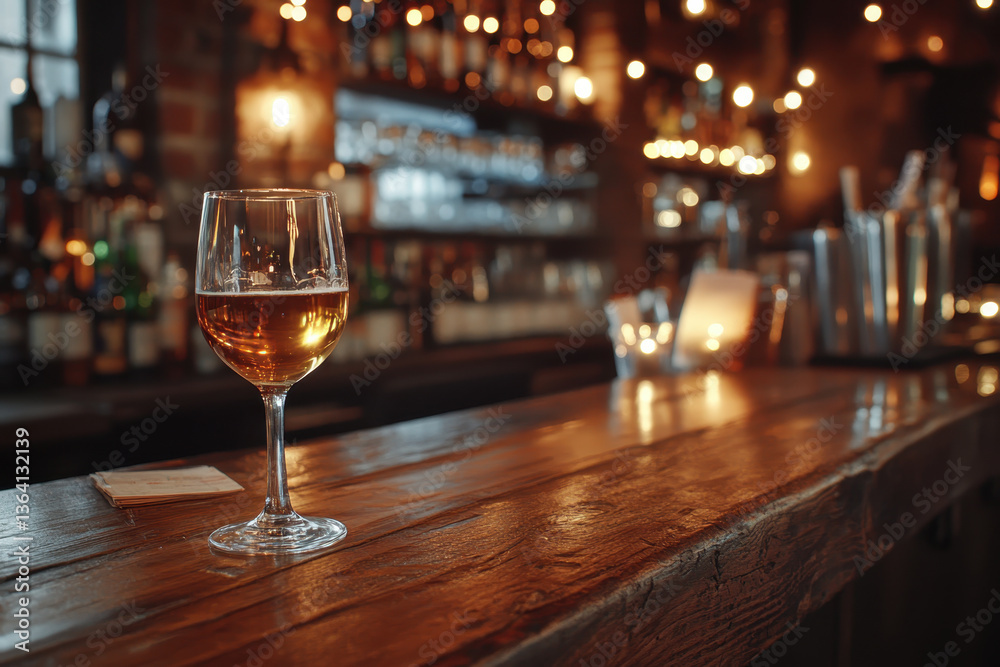 Glass of wine on bar, elegant and refined ambiance, dim lighting, cozy atmosphere, with blurred silhouettes chatting in background, creating a sophisticated and relaxed setting.