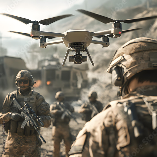Aerial Surveillance: Drone watches over a group of soldiers in a war zone, creating a feeling of tension. This photorealistic image highlights military technology and strategy.