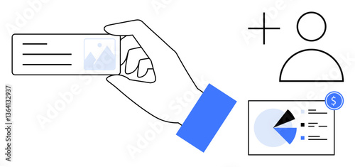 Hand holding ID card, user icon, and pie chart with dollar sign representing identity access, data analysis, finance, account creation, banking, marketing research, flat simple metaphor