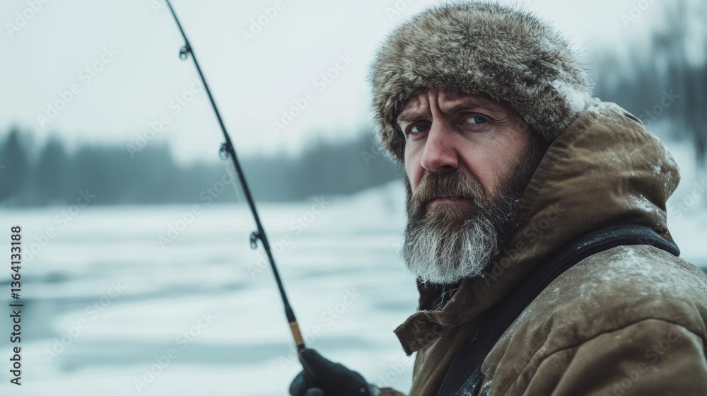 Bearded Man Fishing in Snowy Winter Landscape with Fur Hat and Winter Coat Bearded Man Fishing in Snowy Winter Landscape with Fur Hat and Winter Coat
