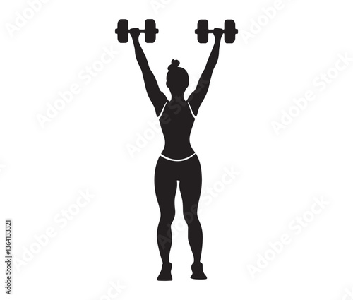Silhouette of a woman lifting weights. Female fitness and bodybuilding clipart. Strong woman weightlifting silhouette vector