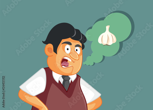Man with Garlic Smelling Bad Breath Vector Illustration. Unhappy mature person having halitosis from chronic disease 
