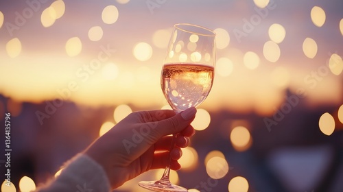 Hand holding champagne glass with blurred cityscape and lights background photo