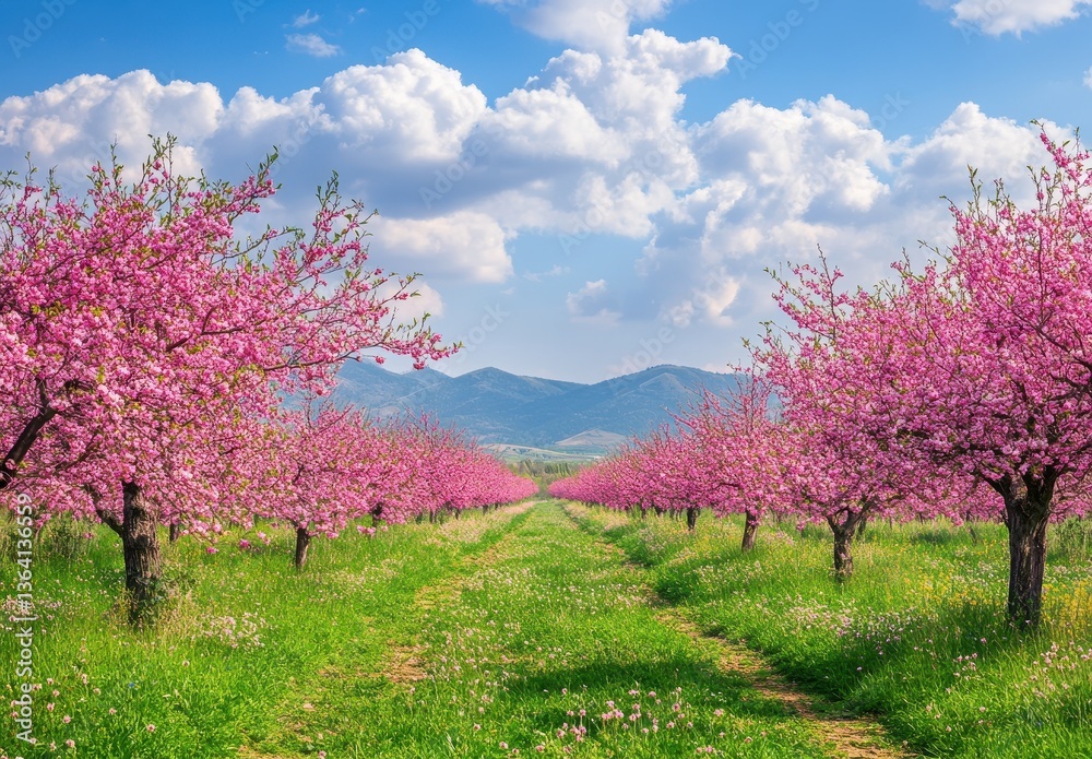 Vibrant Spring Landscape with Blooming Cherry Blossom Trees Under a Bright Blue Sky and Fluffy Clouds in a Scenic Orchard Vibrant Spring Landscape with Blooming Cherry Blossom Trees Under a Bright Blue Sky and Fluffy Clouds in a Scenic Orchard
